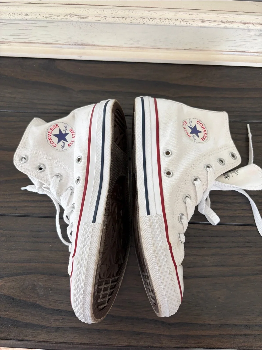 Converse Kids White High Top Sneakers with Red and Navy Trim - Picture 2 of 6